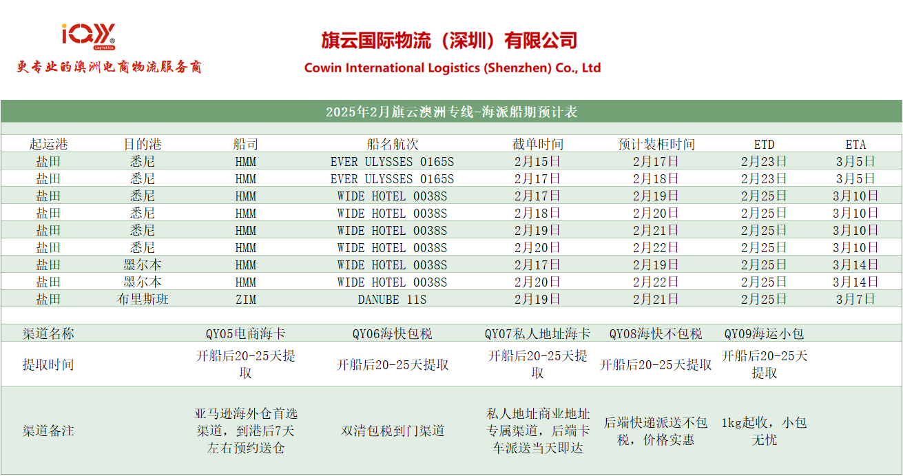 旗云国际物流澳洲专线澳洲海运装柜计划表