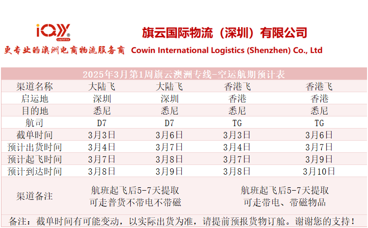 旗云国际物流-澳洲专线：2025年3月3日-3月8日装柜计划