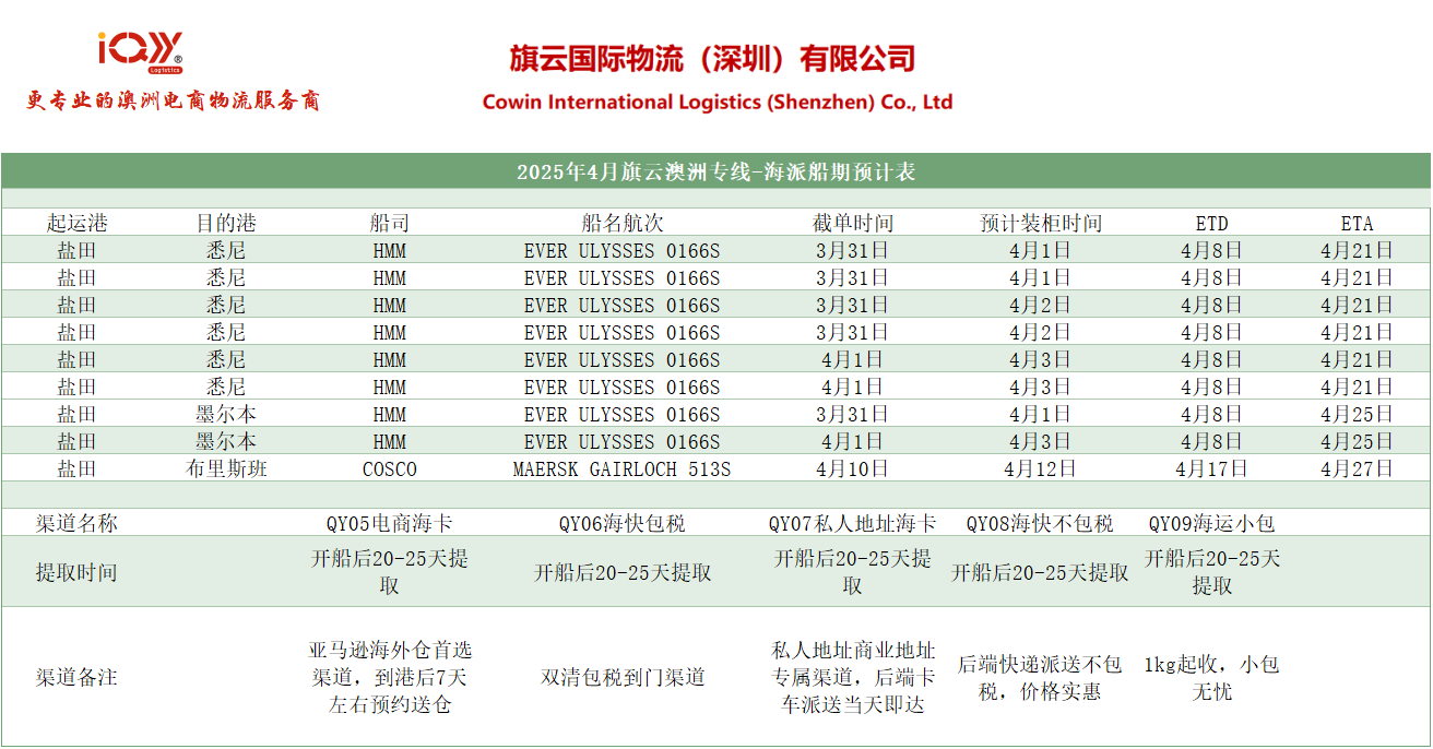 旗云国际物流：2025年3月31日-4月5日装柜计划  公司提供澳洲专线物流服务