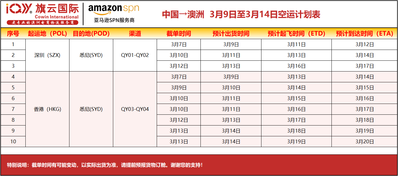 旗云国际-澳洲专线：2026年3月9日-3月14日装柜计划