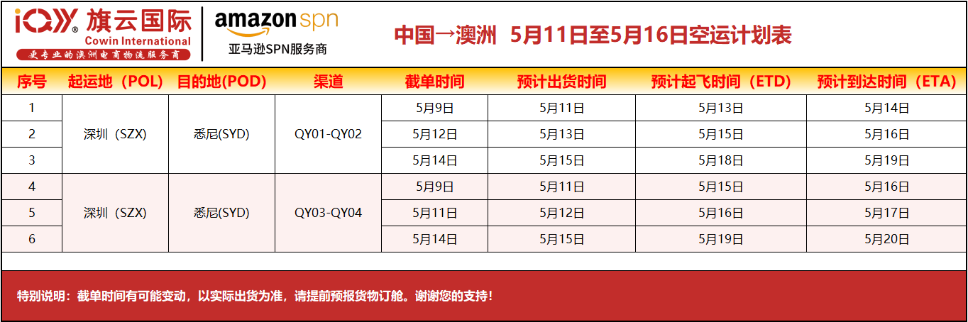 旗云国际-澳洲专线：2026年5月11日-5月16日装柜计划