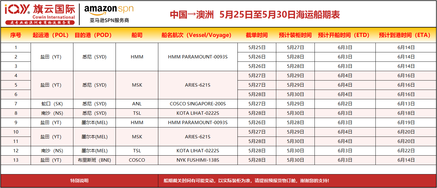 旗云国际-澳洲专线：2026年5月25日-5月30日装柜计划