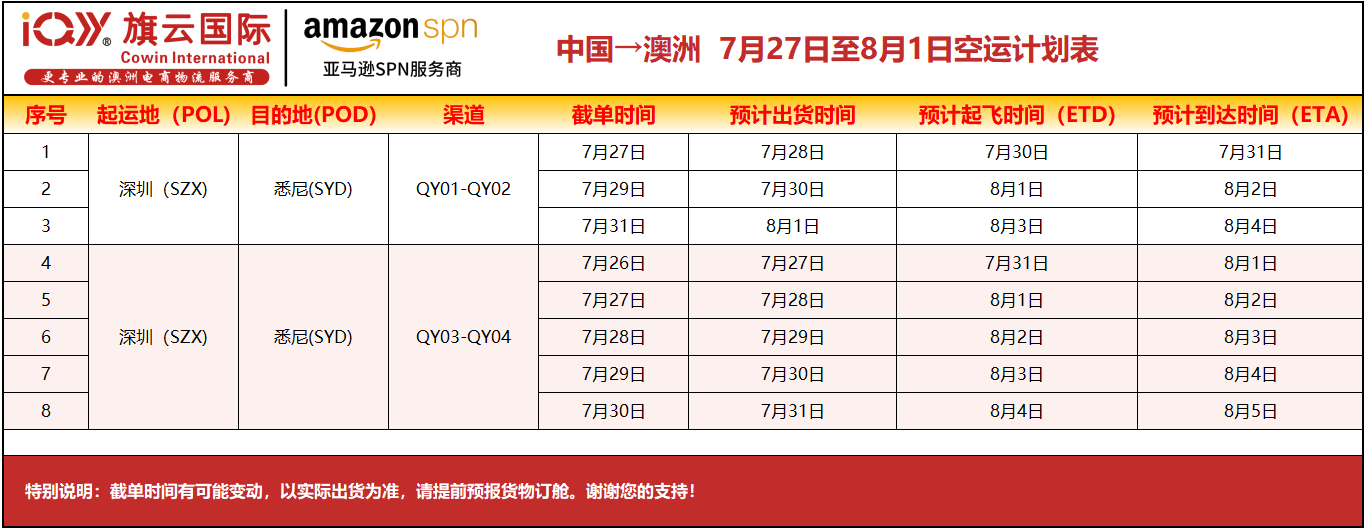 旗云国际-澳洲专线：2026年7月27日-8月1日装柜计划