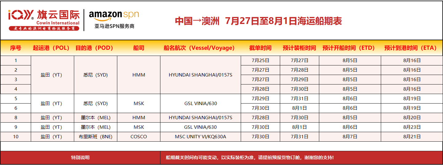 旗云国际-澳洲专线：2026年7月27日-8月1日装柜计划