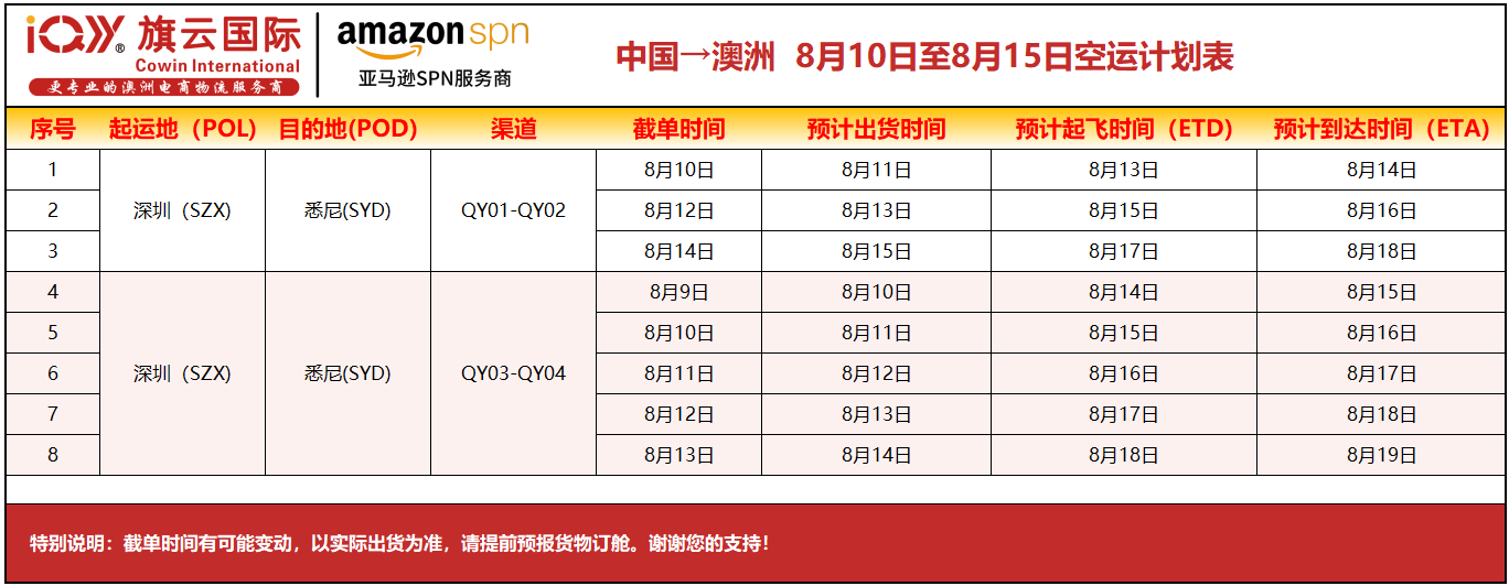 旗云国际-澳洲专线：2026年8月10日-8月15日装柜计划