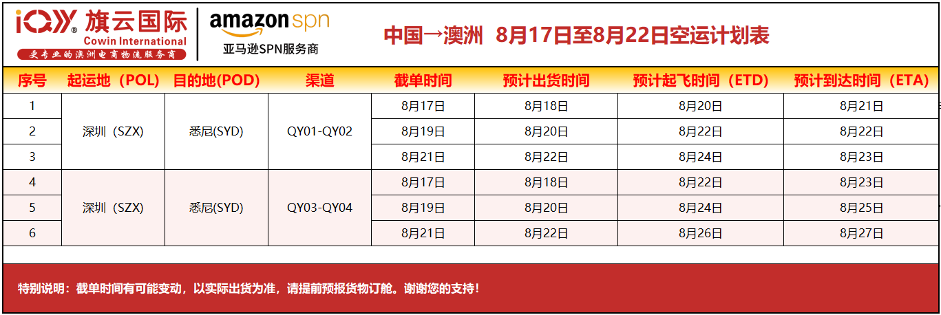 旗云国际-澳洲专线：2026年8月17日-8月22日装柜计划