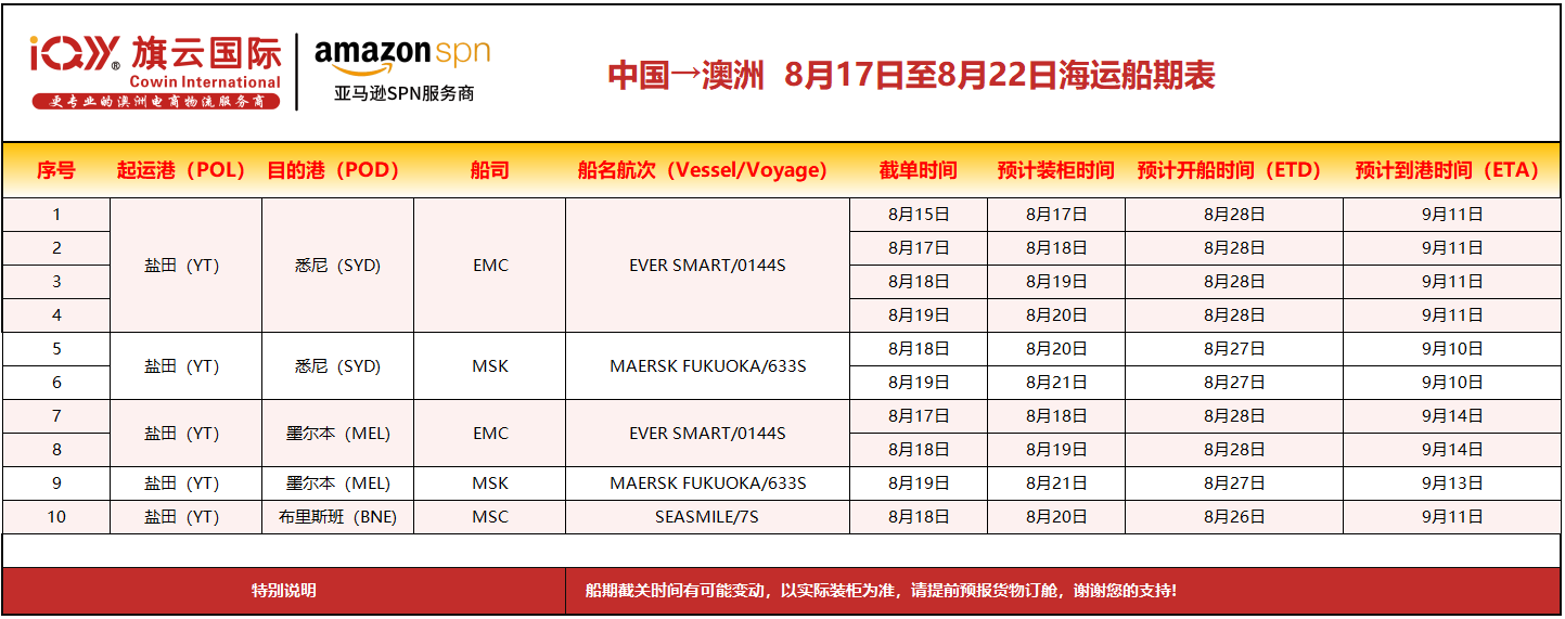 旗云国际-澳洲专线：2026年8月17日-8月22日装柜计划