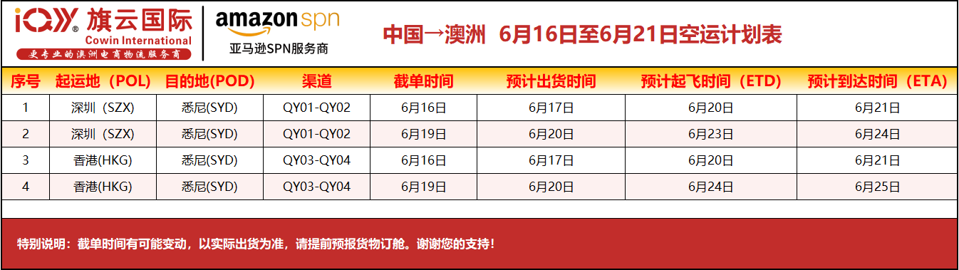 澳洲专线2025年6月16日-6月21日装柜计划