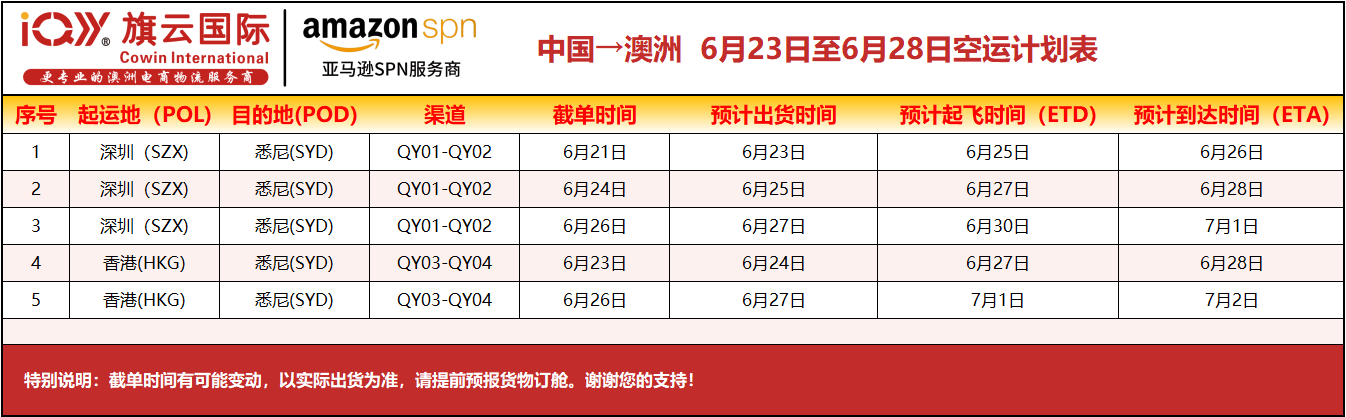 澳洲专线2025年6月23日-6月28日装柜计划
