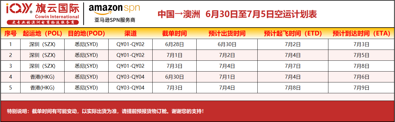 2025年6月30日-7月5日澳洲专线装柜计划