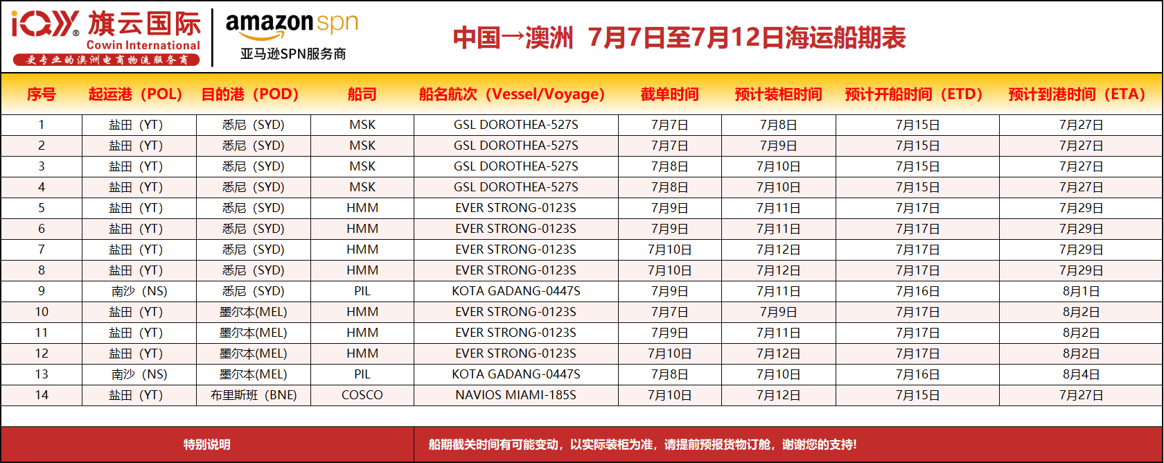 旗云国际-澳洲专线：2025年7月7日-7月12日装柜计划