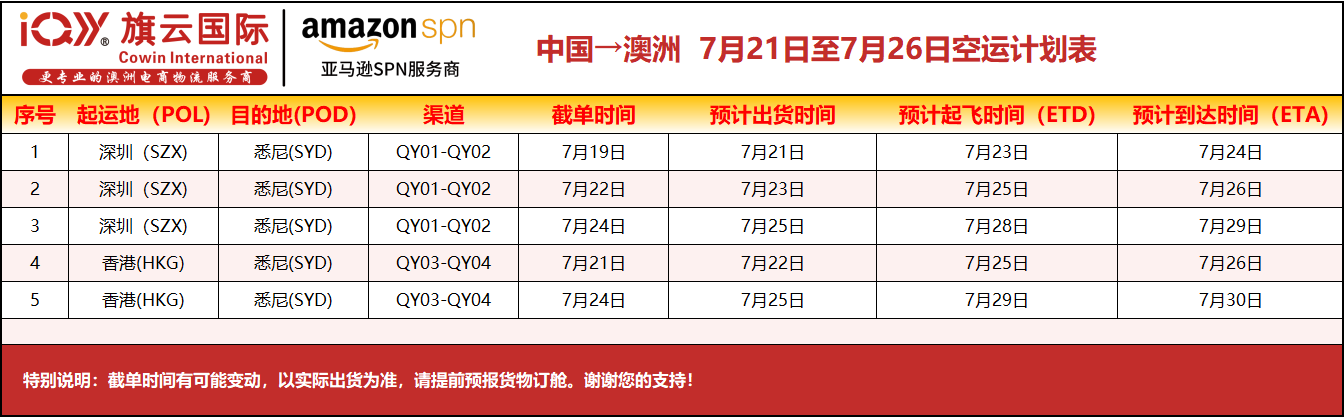 旗云国际-澳洲专线：2025年7月21日-7月26日空运计划表