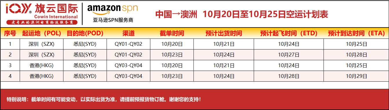 旗云国际-澳洲专线：2025年10月20日-10月25日装柜计划